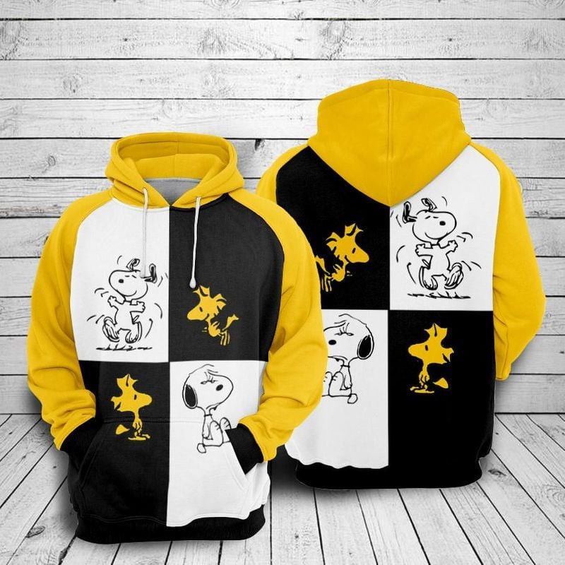 Snoopy And Woodstock Black &amp; Yellow Over Print 3d Hoodie Zip Hoodie