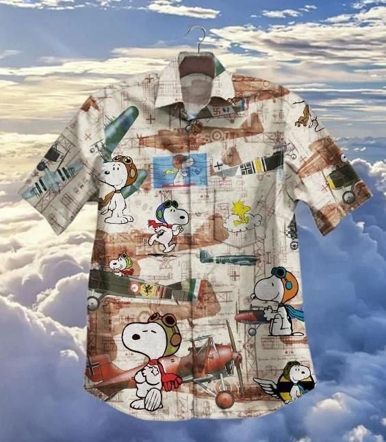 Hot Plane And Snoopy Vintage Hawaiian Graphic Print Short Sleeve Hawaiian Casual Shirt 60