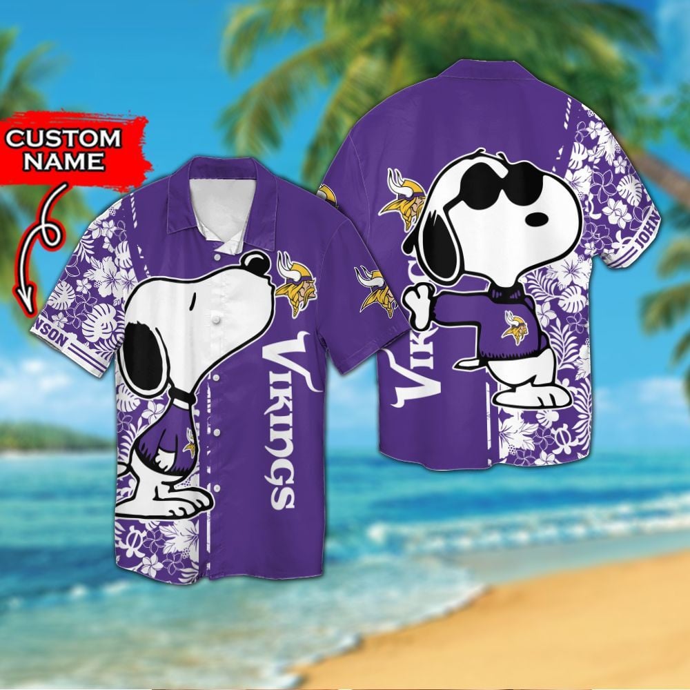 Minnesota Vikings & Snoopy Custom Personalized Short Sleeve Button Up Tropical Aloha Hawaiian Shirts For Men Women Nfl