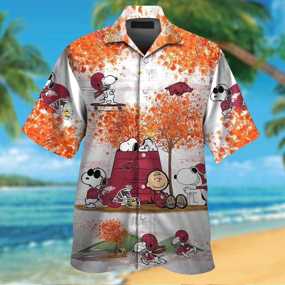 Arkansas Razorbacks Snoopy Autumn Short Sleeve Button Up Tropical Aloha Hawaiian Shirts For Men Women Ncaa