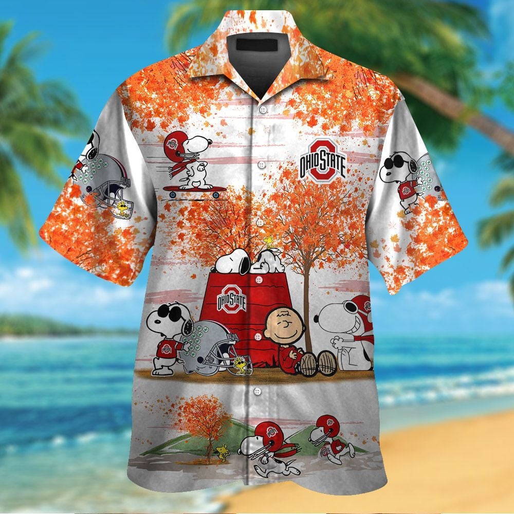 Ohio State Buckeyes Snoopy Autumn Short Sleeve Button Up Tropical Aloha Hawaiian Shirts For Men Women Ncaa