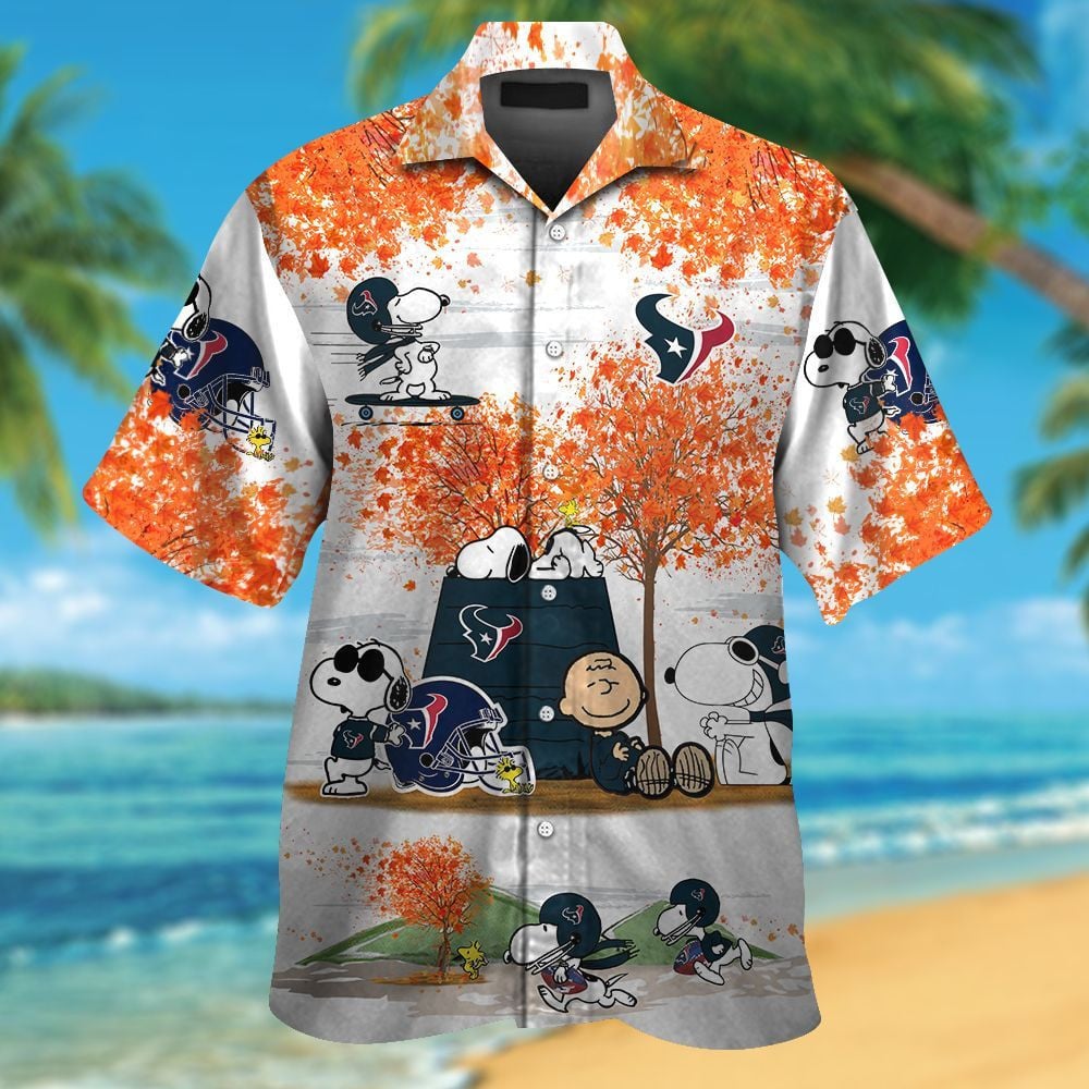 Houston Texans Snoopy Autumn Short Sleeve Button Up Tropical Aloha Hawaiian Shirts For Men Women Nfl