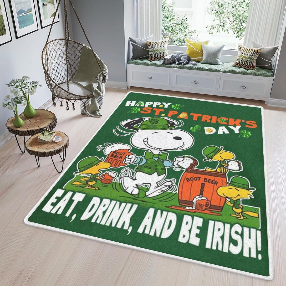Snoopy The Peanuts Fan Gift, Happy St. Patrick's Day Area Rug Living Room, Snoopy Patrick's Day Eat Drink And Be Irish Rug Home Decor Floor Decor