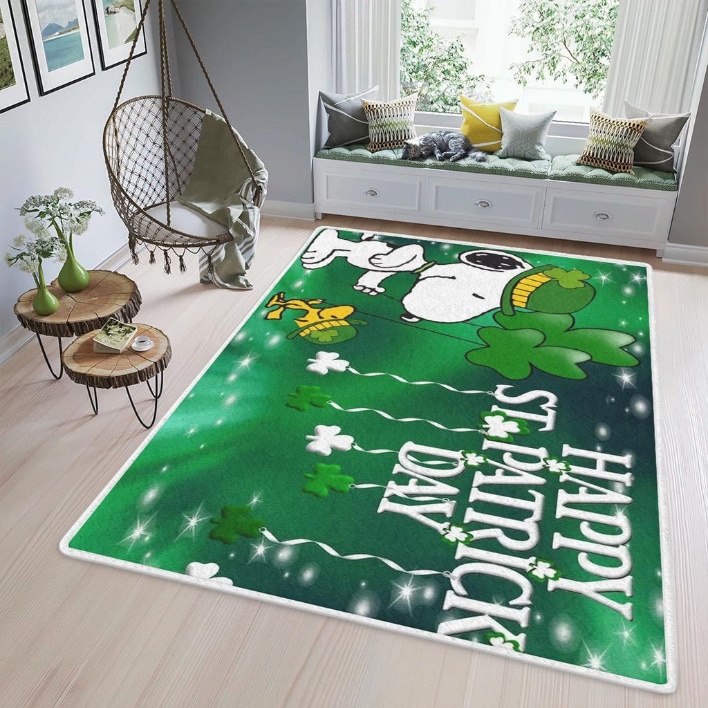 Snoopy The Peanuts Fan Gift, Happy St. Patrick's Day Area Rug Living Room, Snoopy And Woodstock Patrick's Day Rug Home Decor Floor Decor