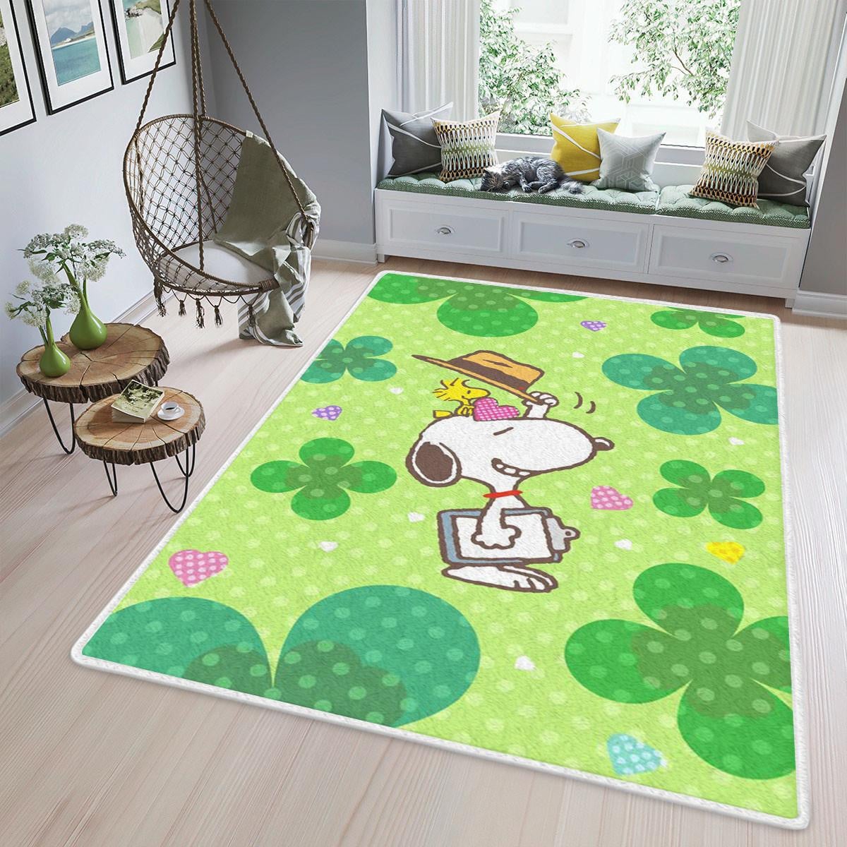 Snoopy The Peanuts Fan Gift, Happy St. Patrick's Day Area Rug Living Room, Snoopy And Woodstock Shamrocks Rug Home Decor Floor Decor