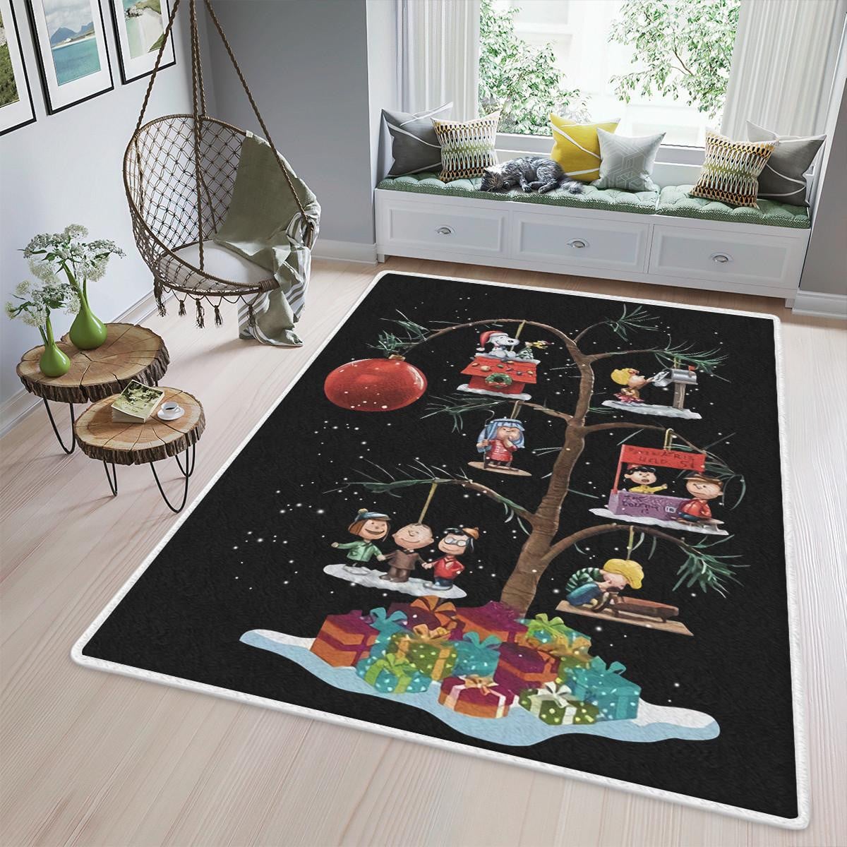 Snoopy Charlie Brown Christmas Area Rug Living Room, Snoopy And Friends Funny Tree Christmas Rug Home Decor Floor Decor