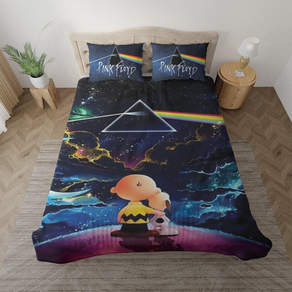 Pink Floyd Band Fan Gift, Snoopy And Charlie Brown Fan Gift, Snoopy And Charlie Watching Pink Floyd Logo Galaxy Duvet Quilt Bedding Set
