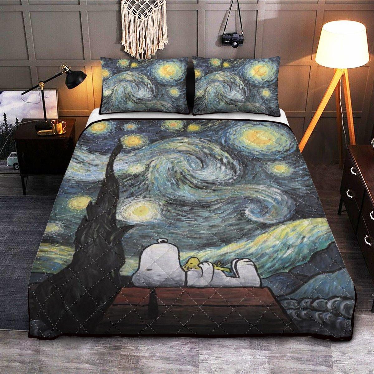 Snoopy, Snoopy Peanuts Woodstock Starry Night Gift For Fan Duvet Quilt Bedding Set