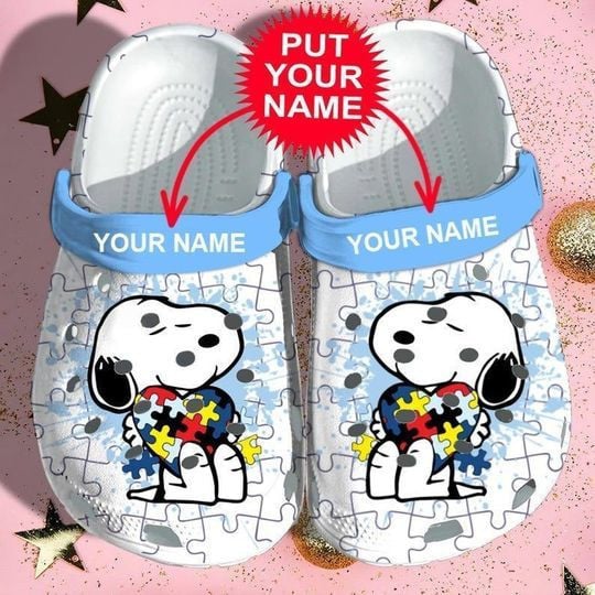 Snoopy Autism Pattern Custom Name Crocs Classic Clogs Shoes In White Blue