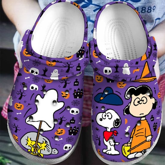 Snoopy Disney W Stickers Pattern Crocs Classic Clogs Shoes In Purple & Black