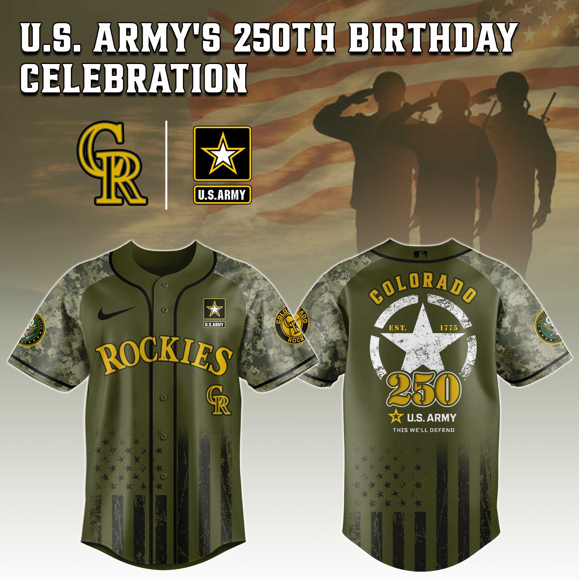 Colorado Rockies MLB 250th anniversary US Army Jersey 