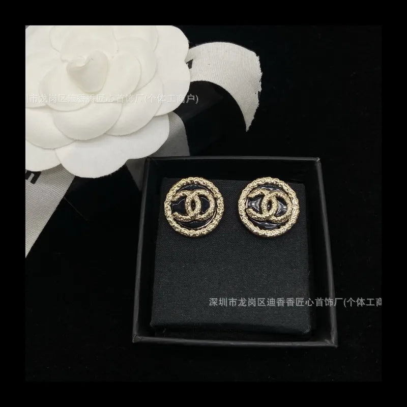 Double Black Gold Stud Earrings Retro Fashion High Female Silver Needle Tide