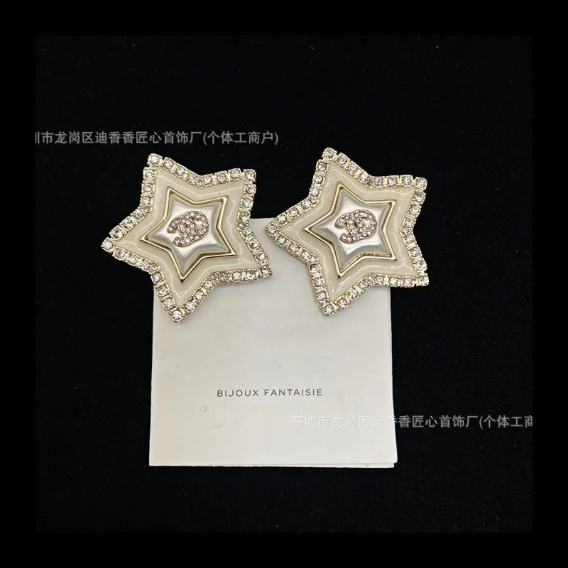 New Enamel Five-pointed Star Stud Earrings for Women's Simple and Versatile Temperament Full of Diamonds