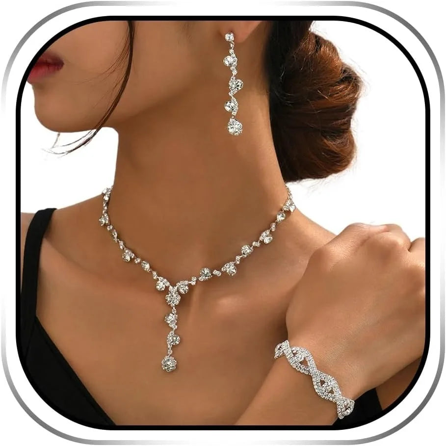 Jewelry Set for Women Rhinestone Earrings Silver Earring Bracelet Necklace Party Prom GiftWedding Earrings Jewelry for Women
