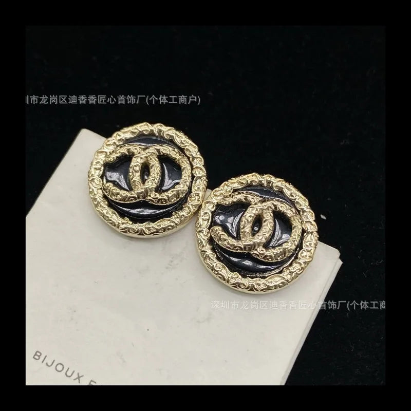 Double Black Gold Stud Earrings Retro Fashion High Female Silver Needle Tide