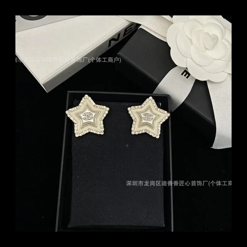 New Enamel Five-pointed Star Stud Earrings for Women's Simple and Versatile Temperament Full of Diamonds