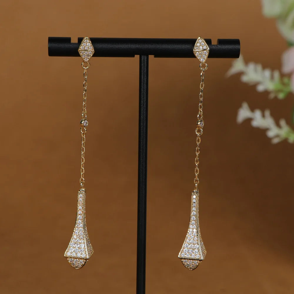 Luxury Pagoda Full Zircon Tassel Drop Stud Earrings Fashion not fade Earrings For Women Trendy Luxury Party Jewelry