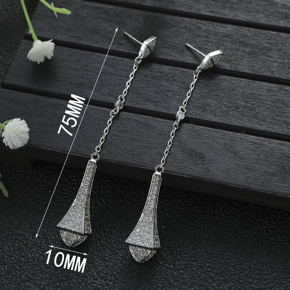 Luxury Pagoda Full Zircon Tassel Drop Stud Earrings Fashion not fade Earrings For Women Trendy Luxury Party Jewelry