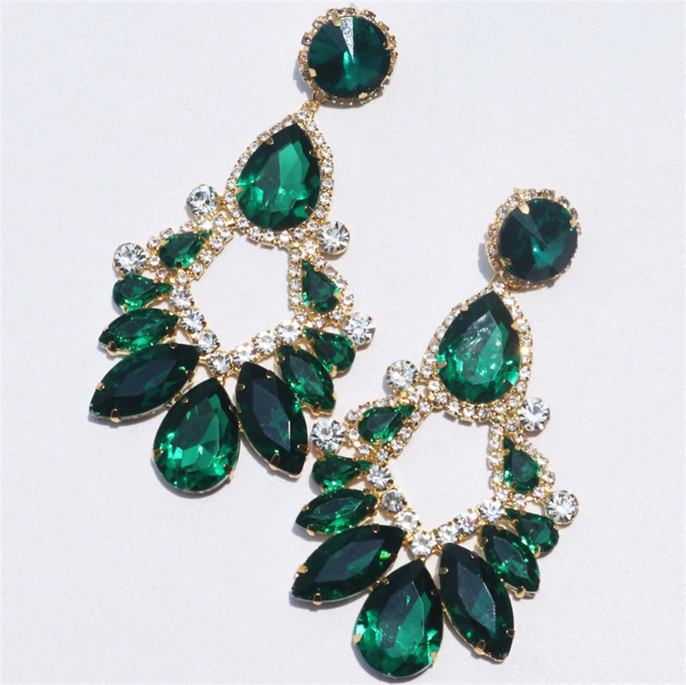 Green Rhinestone Shining Personalized Earrings Women's Fashion Banquet Party Crystal Earrings Jewelry Dressing Accessories