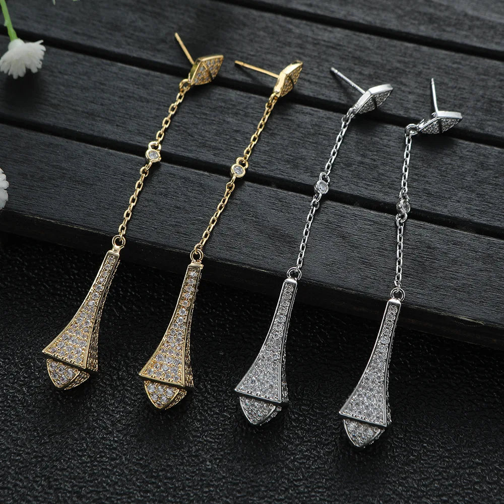 Luxury Pagoda Full Zircon Tassel Drop Stud Earrings Fashion not fade Earrings For Women Trendy Luxury Party Jewelry